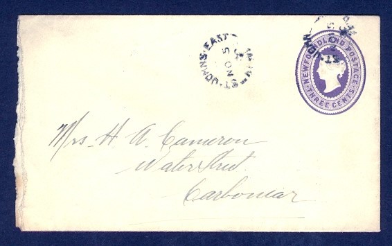 NEWFOUNDLAND 3c VIOLET QV ENV 1920 ST JOHN'S EAST TO CARBONEAR