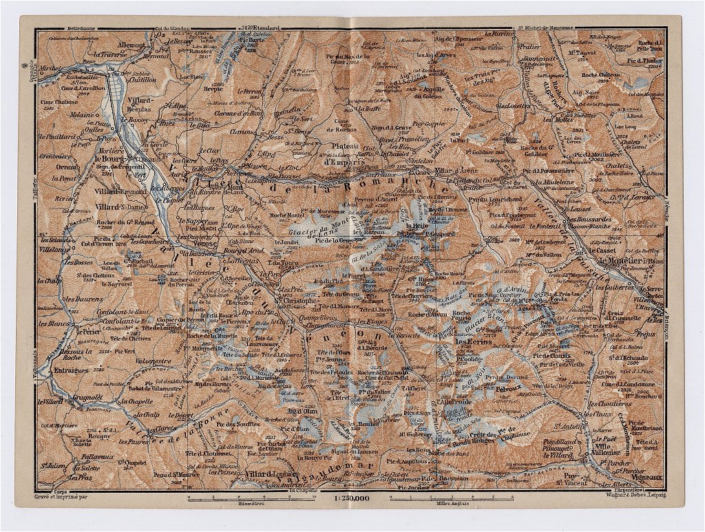 1914 ORIGINAL ANTIQUE MAP OF VALLEE DE LA ROMANCHE / VALLEE DU VENEON / FRANCE