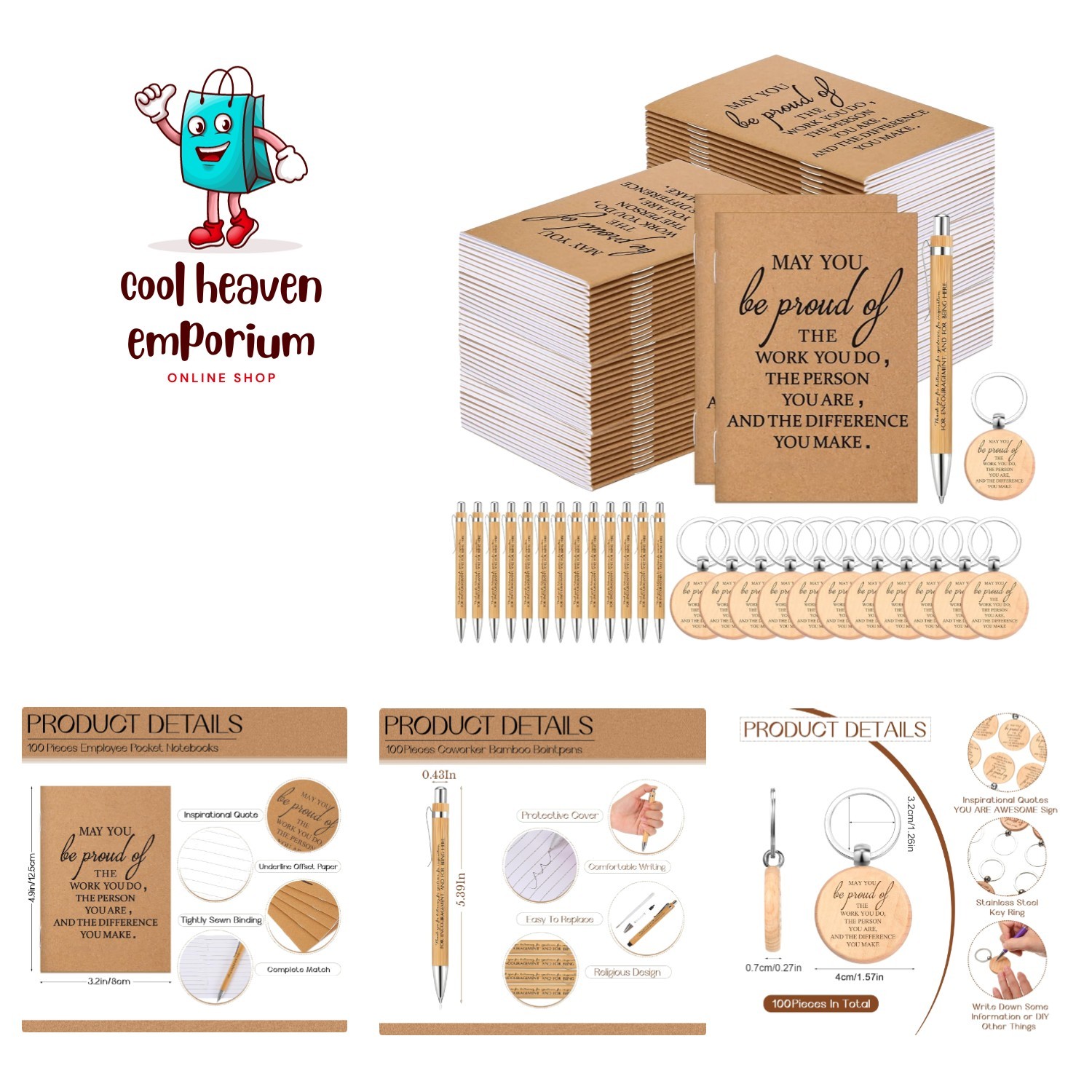 Inspirational Employee Appreciation Gifts: 300 Sets with Notebooks & Bamboo Pens