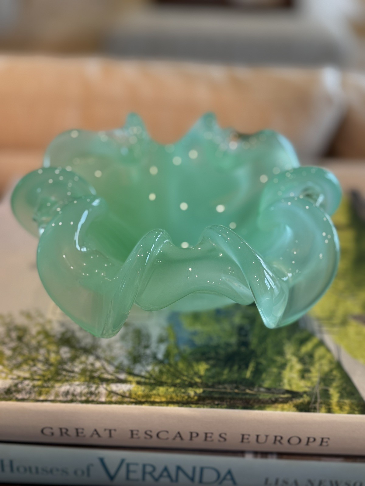 Vintage Murano Hand Blown Art Glass Ruffled Bowl Aqua Opaline Italian MCM