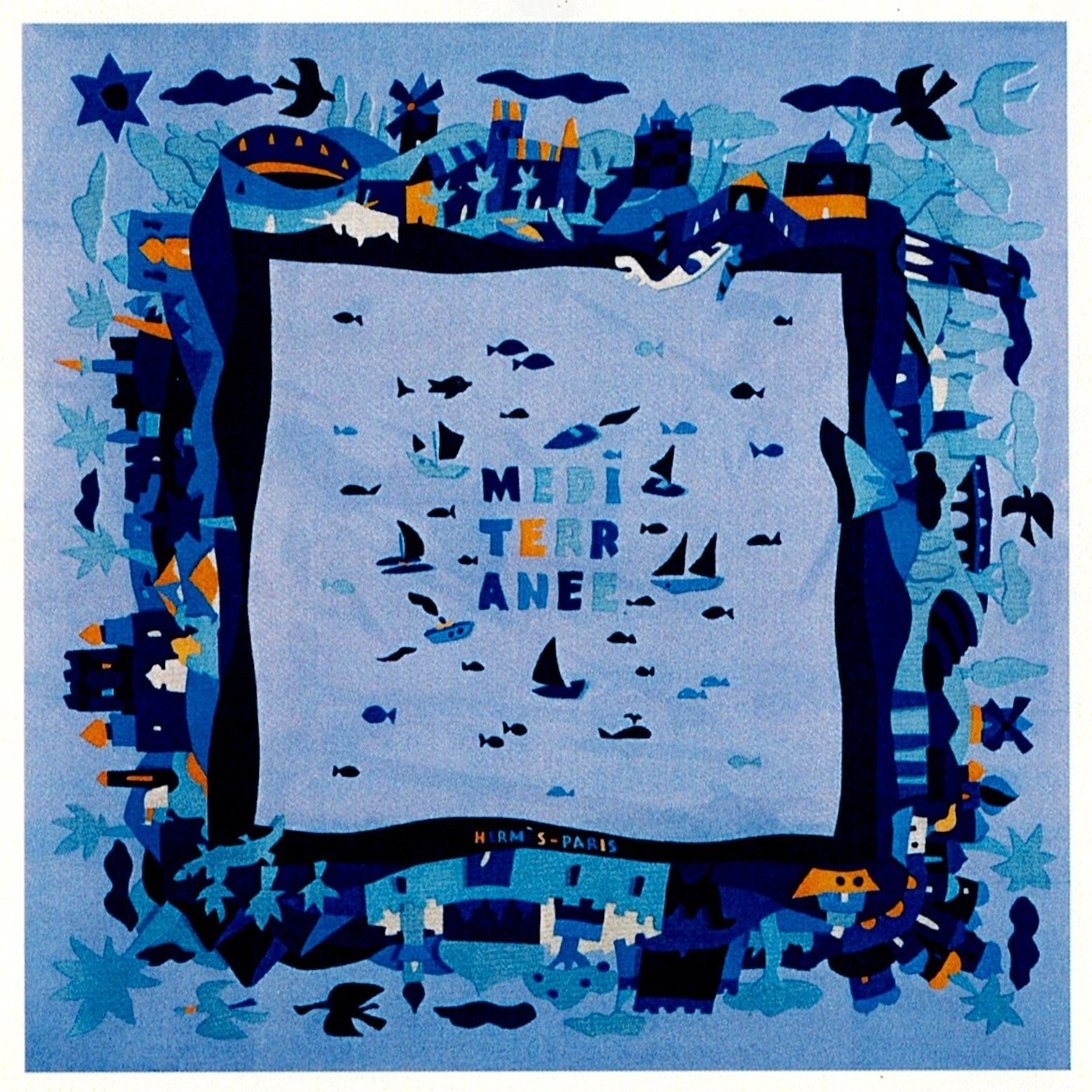 HERMES Petit Carré Mini Scarf Size 42cm Silk Mediterranean Blue with Box Women's