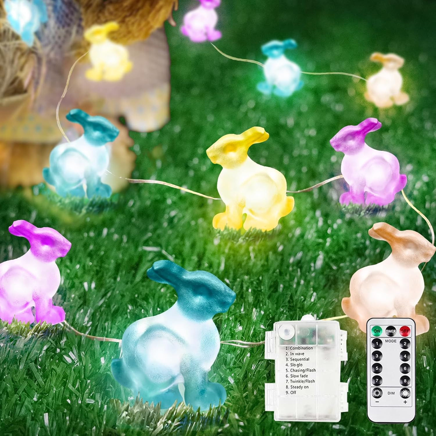 Easter Decorations Bunny Pastel Fairy Lights, Battery Operated with Remote & 8 M
