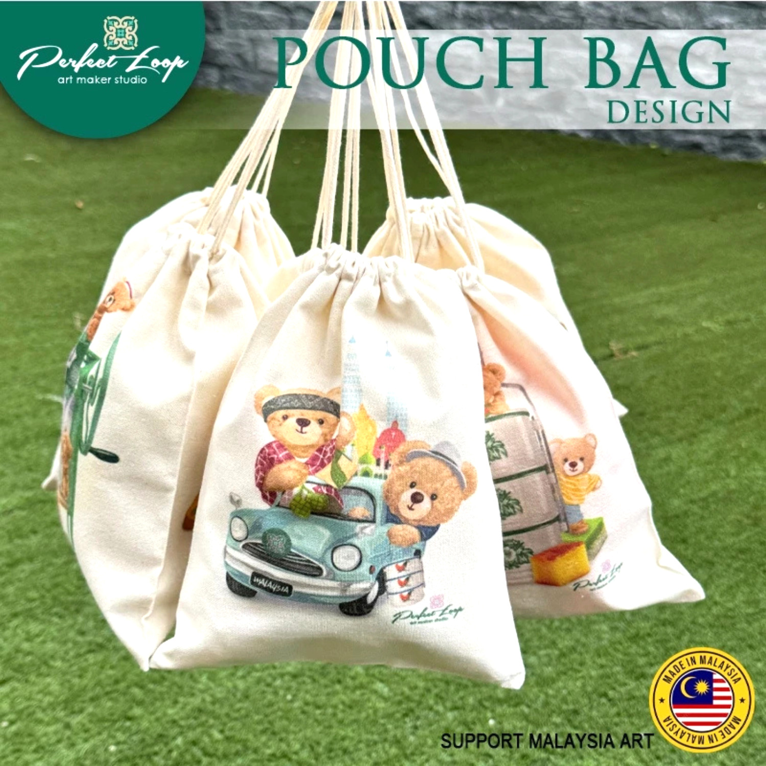 Malaysian Kopitiam Art Pouch - Limited Edition Kawaii Bear Canvas Drawstring Bag