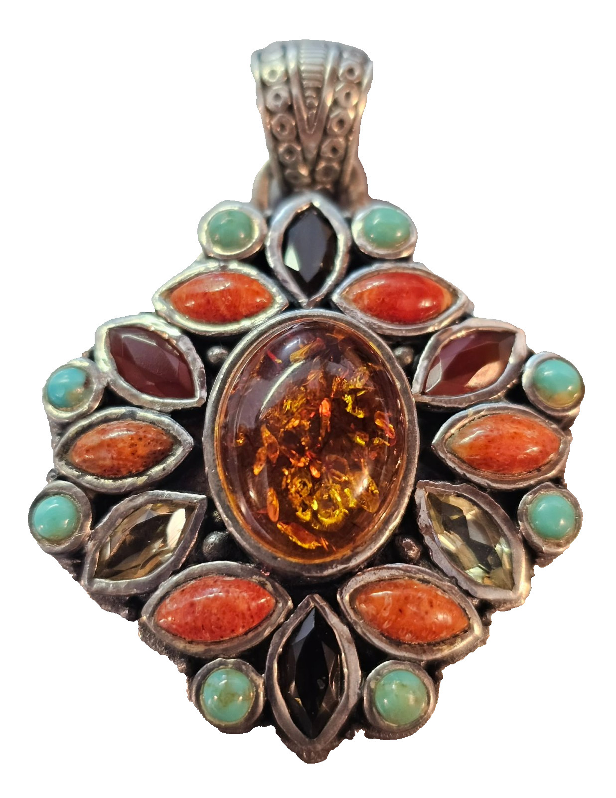 925 Sterling Silver Pendant w/ Amber & Coral Turquoise Flower Southwest- Heavy