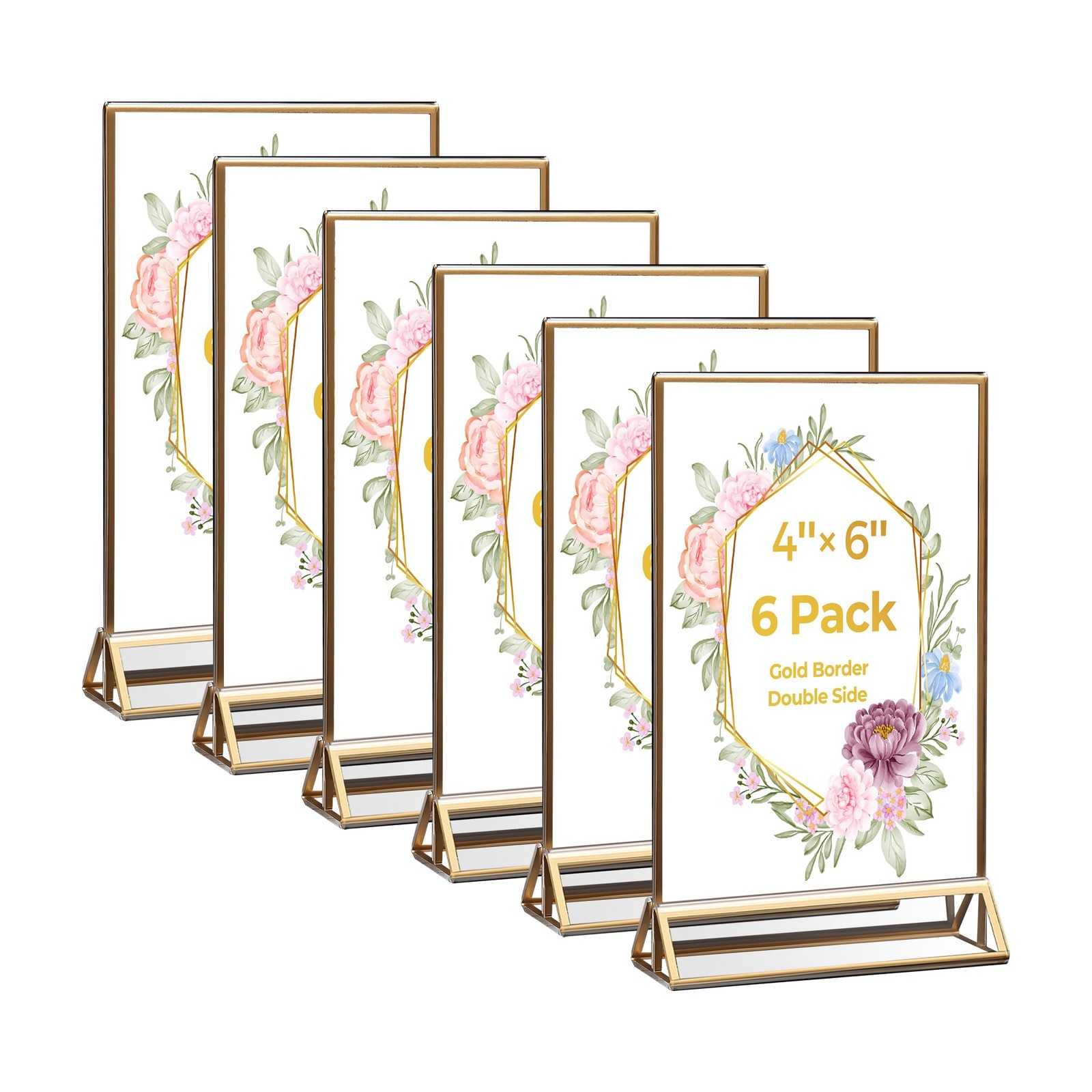 6-Pack 4x6 Gold Acrylic Sign Holders, Double-Sided Wedding Table Number Frames