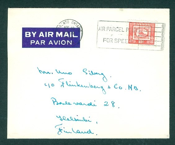 CANADA 15c CAPEX SINGLE 1954 AIR TO FINLAND