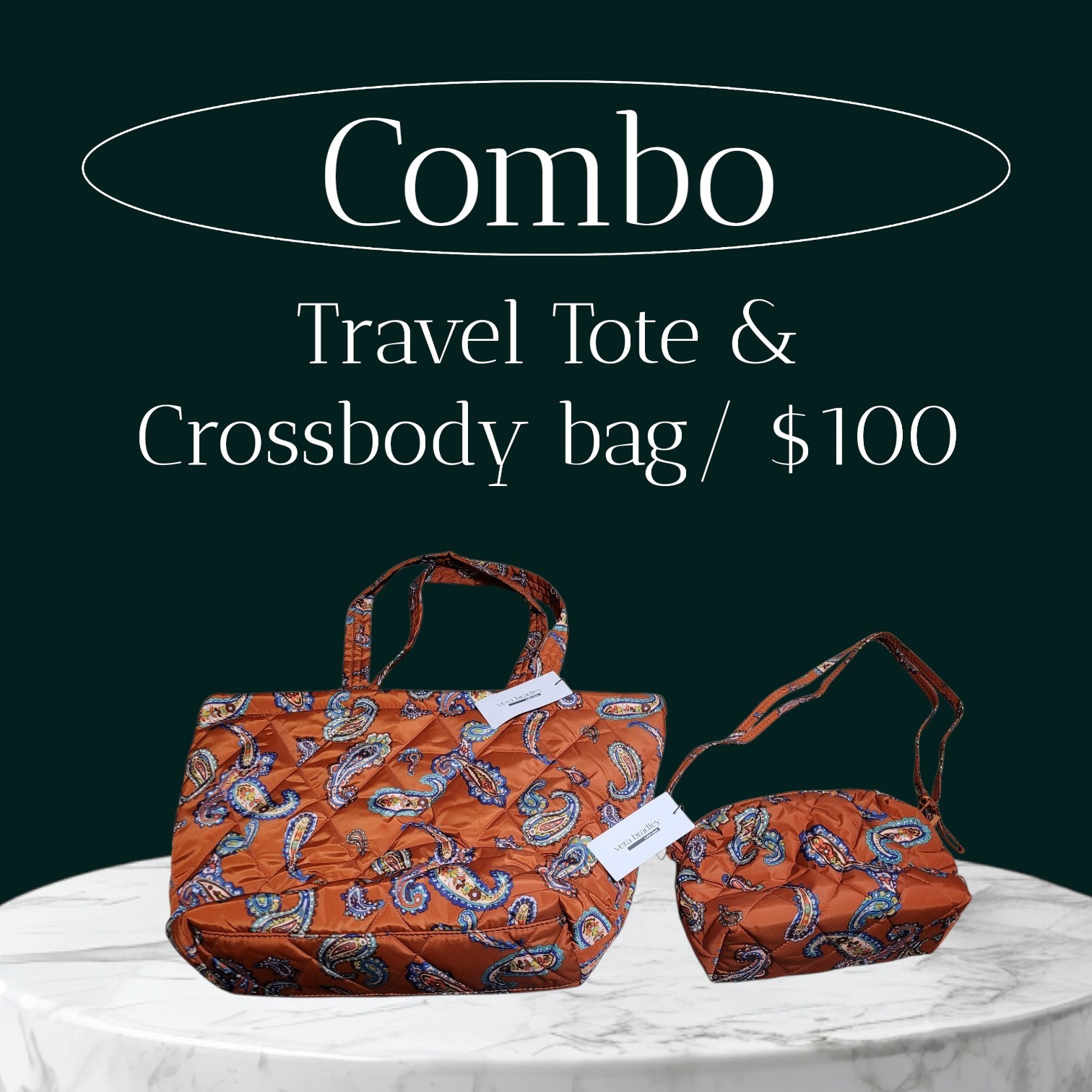 Vera Bradley Ultralight Manor Paisley East West Travel Tote AND Crossbody Bag