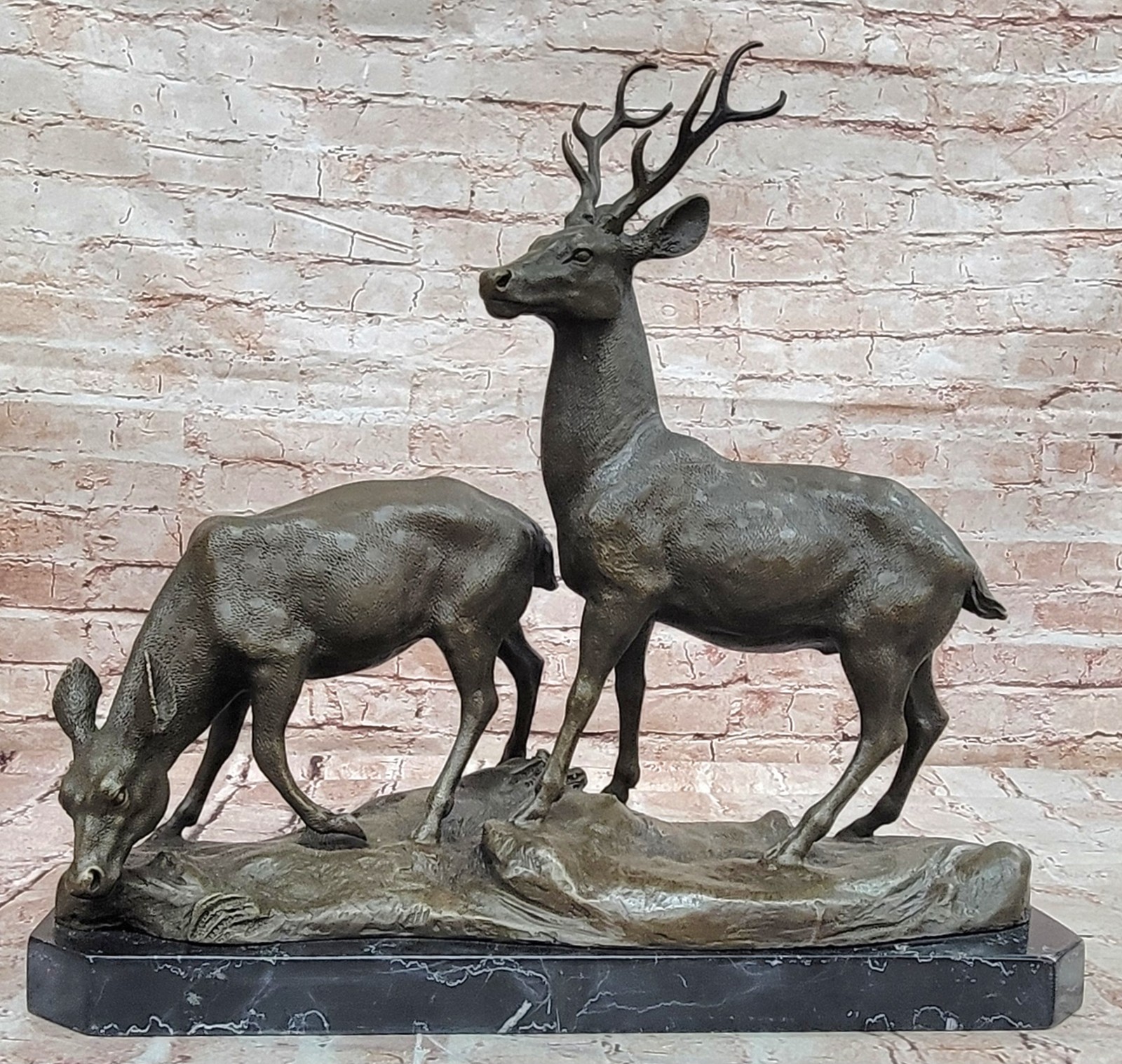 Hand Made Bronze Deer Couple Stag Sculpture Classic Wildlife Collectible Art