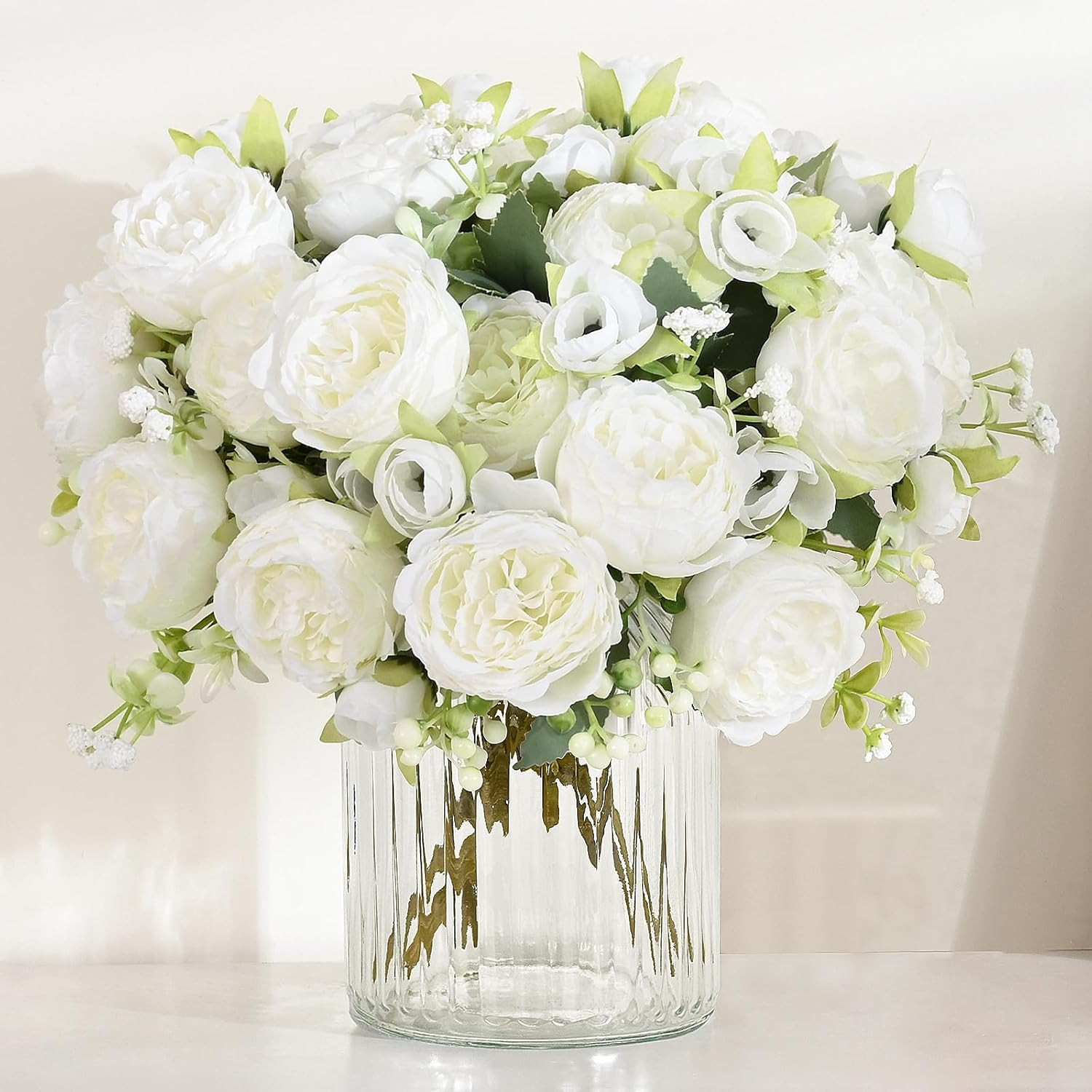 2 Packs Peonies Artificial Flowers, White Artificial Peonies, Silk Peonies Flowe