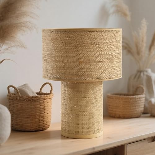 Handwoven Bamboo Table Lamp,Boho Bamboo Desk Lamp with Linen Small Nature