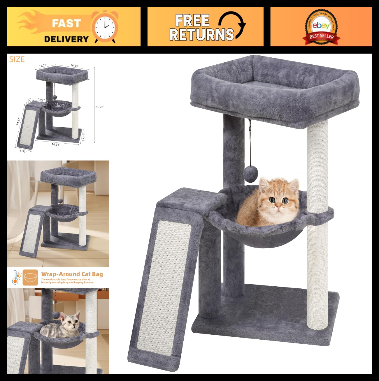 Cat Tree Tower with Scratching Post, Cozy Hammock & Toy Balls for Indoor Cats