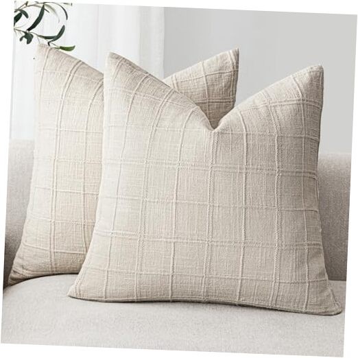  Set of 2 Decorative Linen Check Throw Pillow 24" x 24" (Pack of 2) Beige