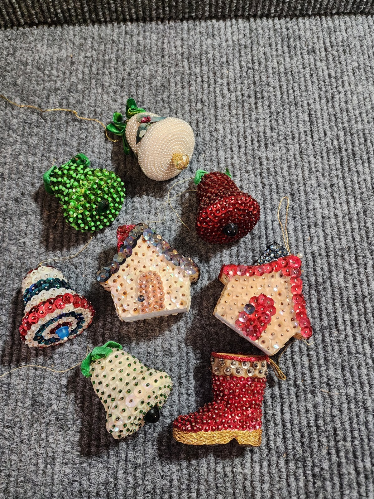 Vintage Christmas Ornaments  Beaded Sequined Bells, houses, stocking lot 8