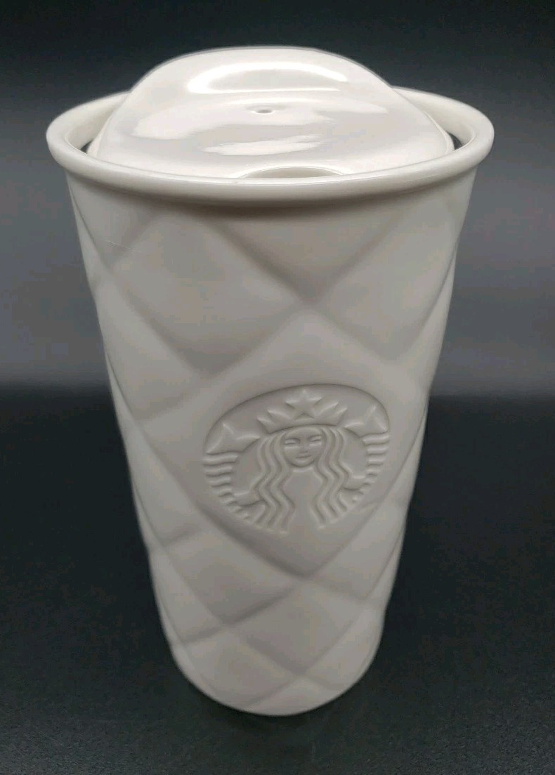 Starbucks White Diamond Quilted Mermaid Ceramic Travel Tumbler Mug w/ Lid 10 oz