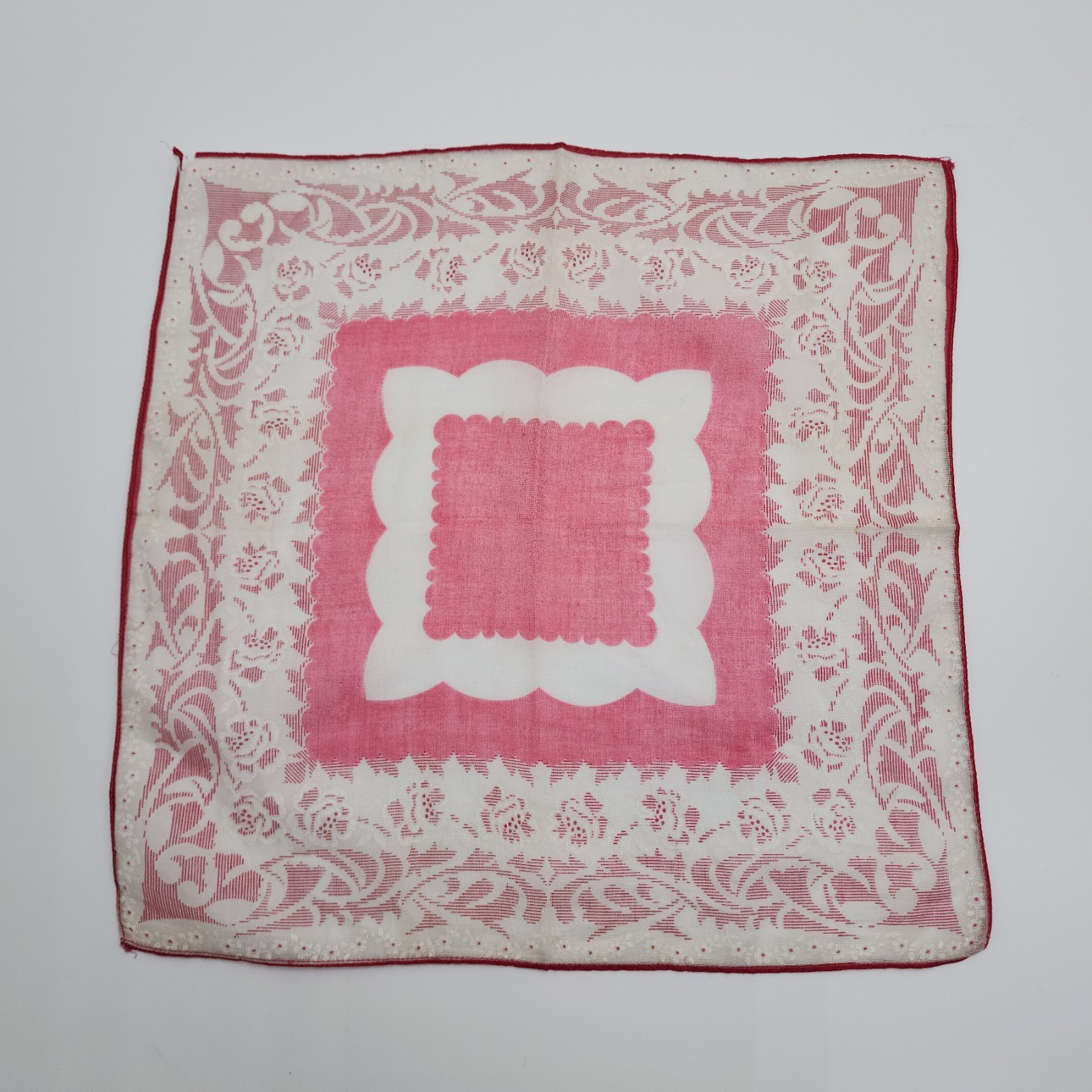 Vintage Women Handkerchief Hanky White Pink Floral Print Maroon Hem 12x12 Square
