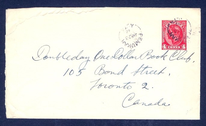 CANADA PEMUKAN ALTA/JAN 23/46 SPLIT CIRCLE 4c KGVI ENVELOPE TO TORONTO