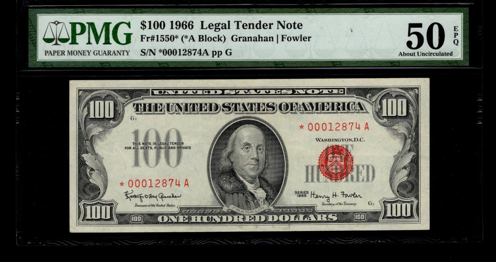 One Hundred Dollar Legal Tender Star Note PMG 50 EPQ FR 1550 1966 $100