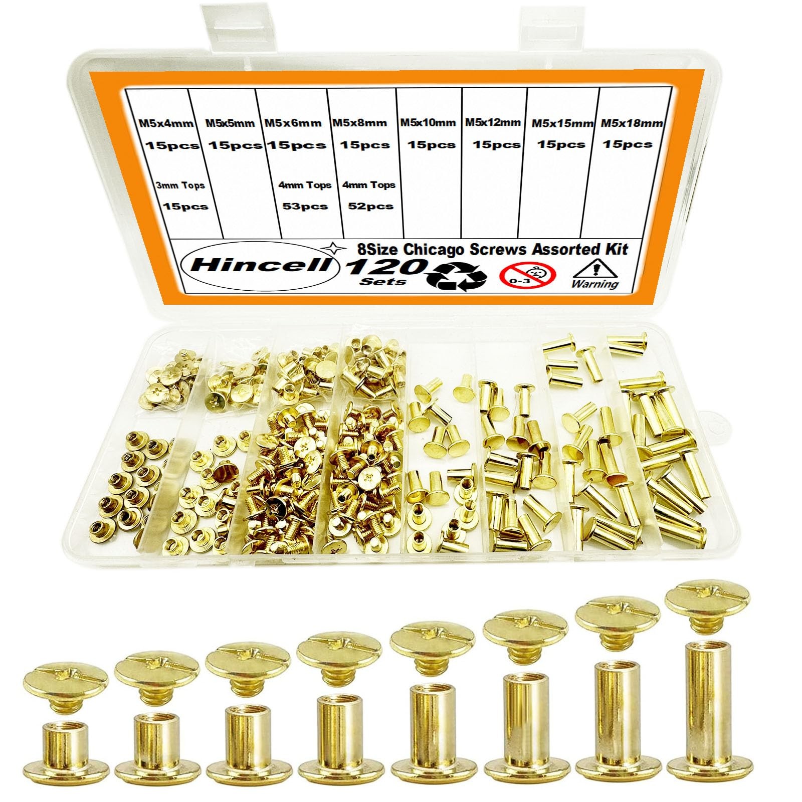 120sets Chicago Screws Kit, 8 Sizes Screw M5*4,5,6,8,10,12,15,18, Golden 