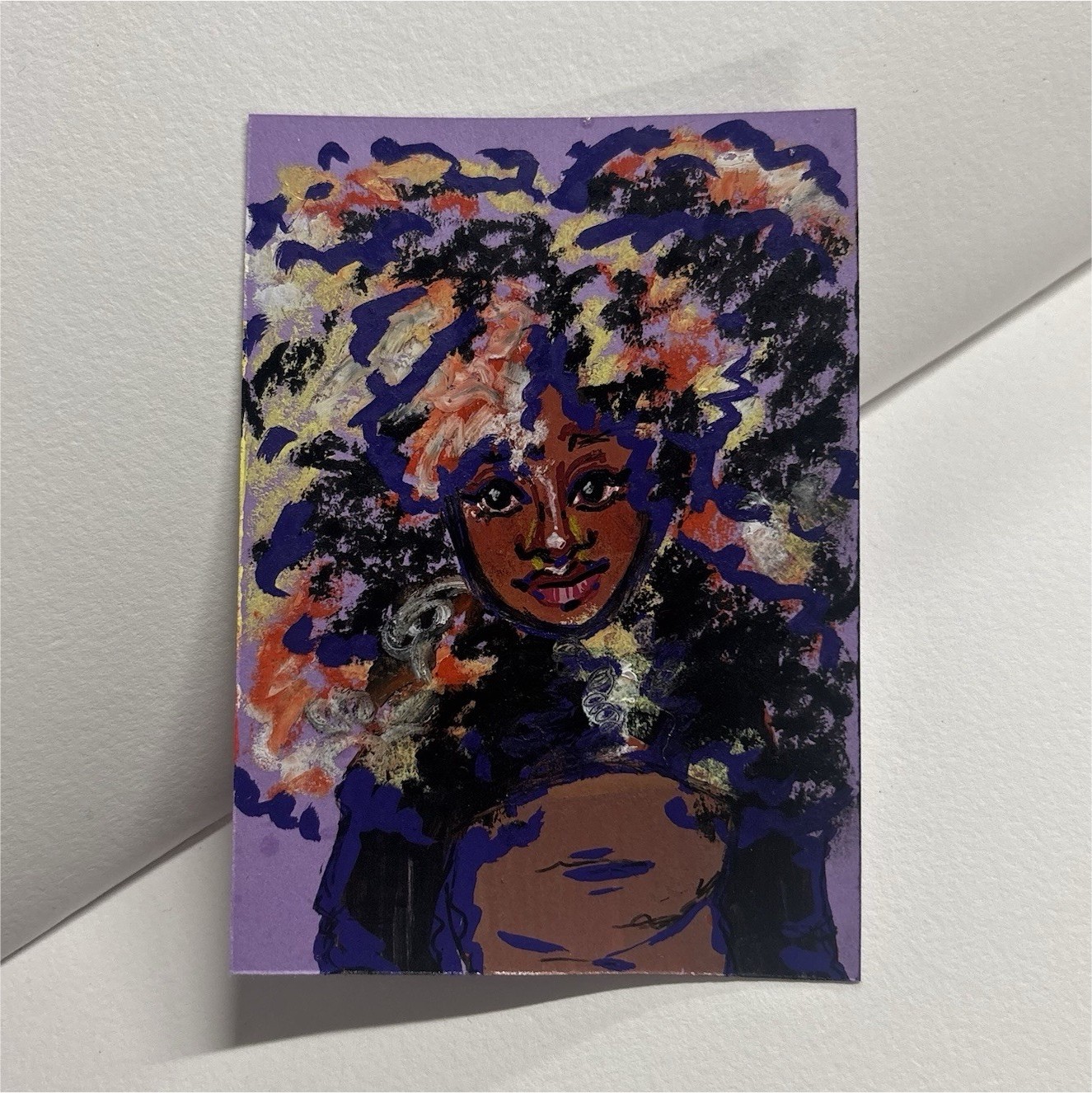 ACEO Original “Calico Hair” Acrylic, Oil Pastel colored paper By Jelliekellieart