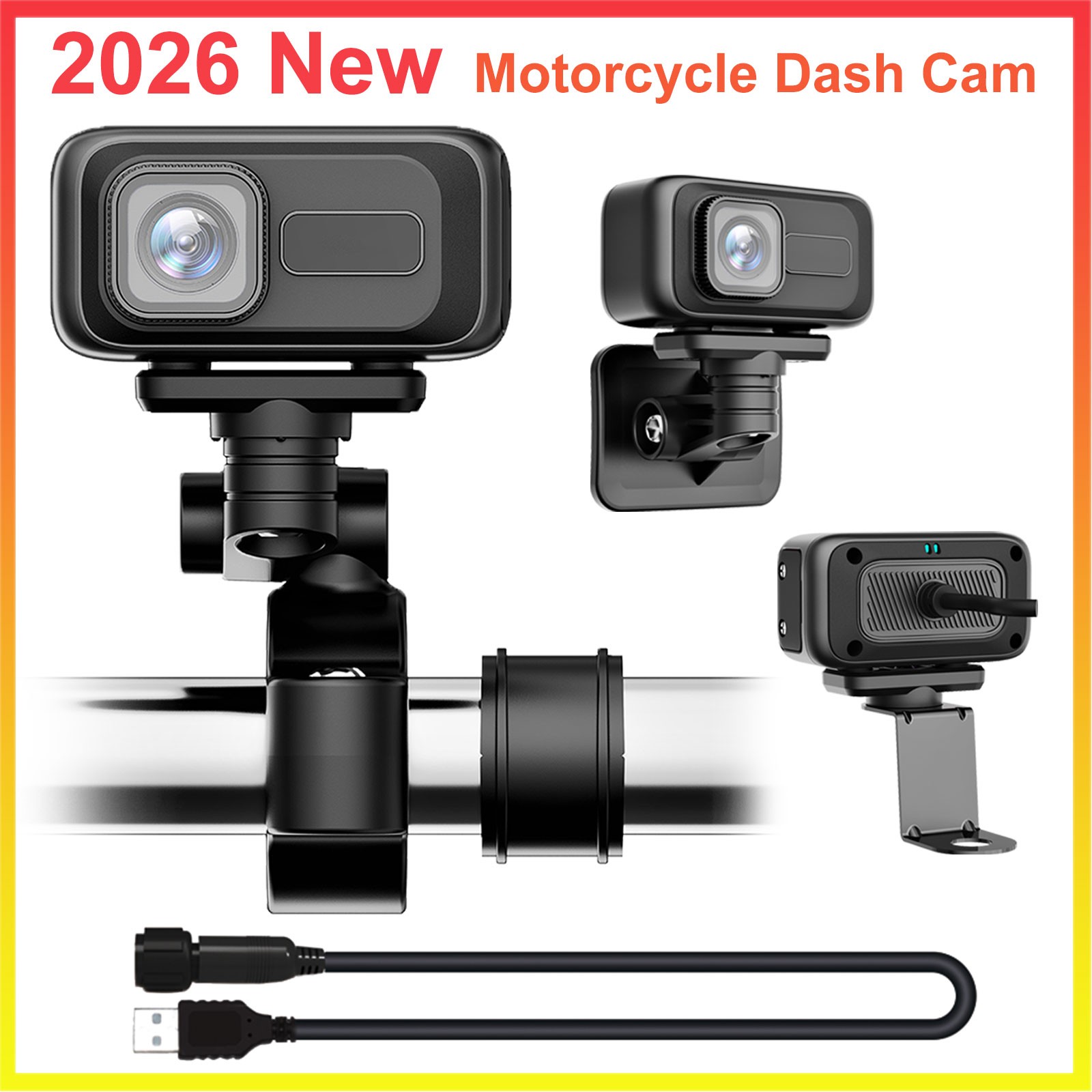 Motorcycle Dash Cam 2K HD 140° Wide Angle 64GB SD Card 3 Brackets Waterproof