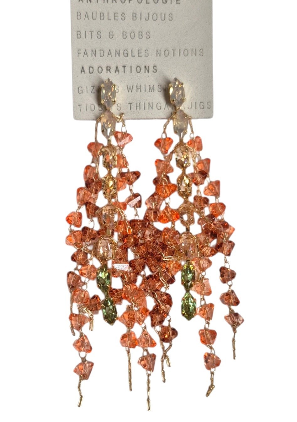 Anthropologie Frayed Crystal Dangle Earrings Peach Multi 14k Gold Plated New
