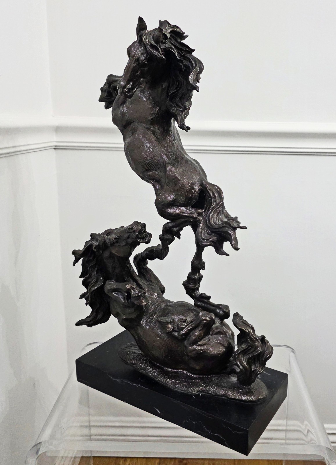 VINTAGE CAST BRONZE SCULPTURE: PAIR OF HORSES HORSIN' AROUND  19"H x 13"L  x 6"W