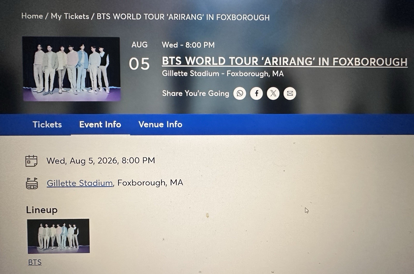 BTS 'Arirang' Concert Ticket Gillette Stadium Sec 142 Row 17 Seat 12 Aug 5 8PM