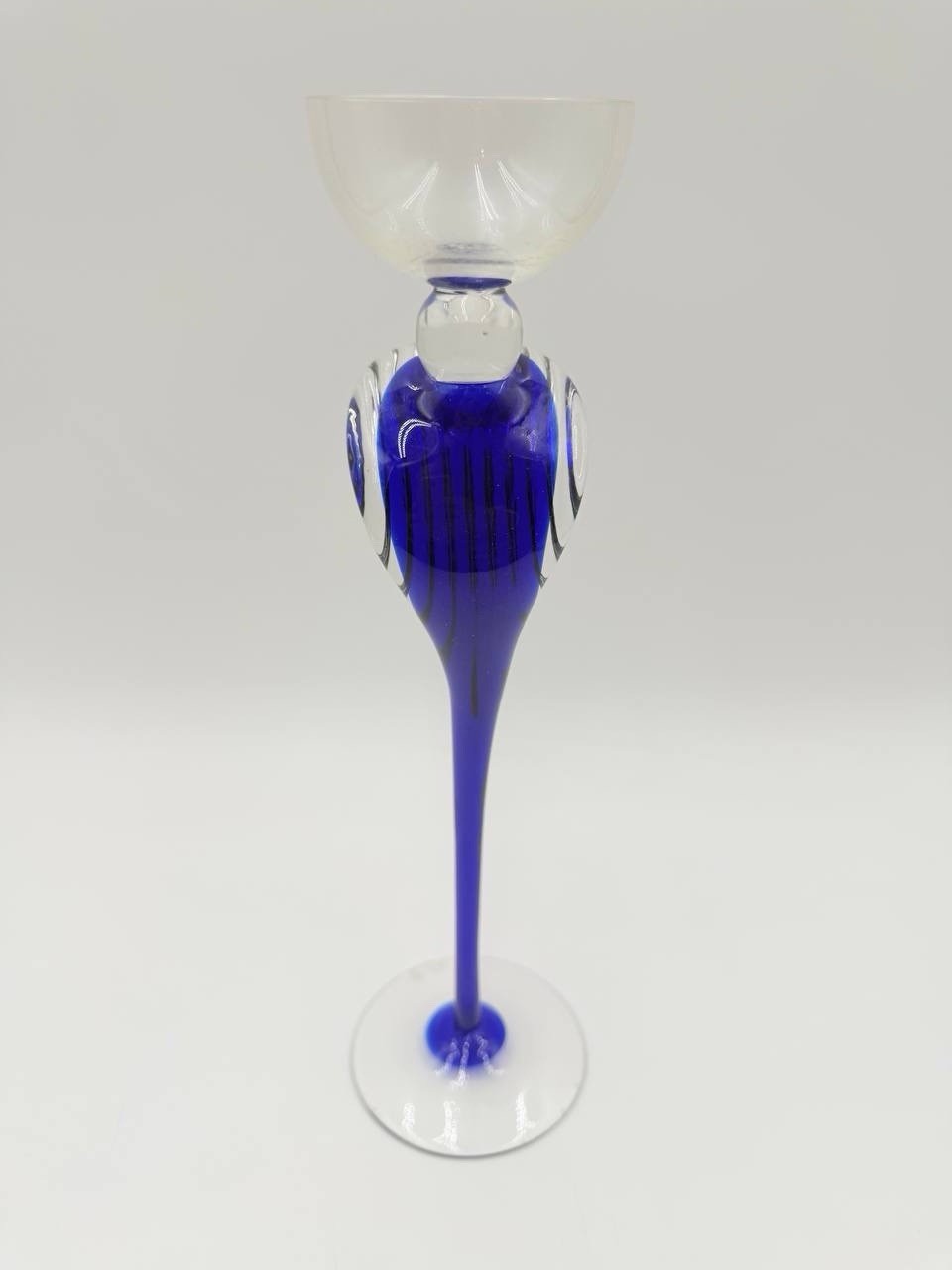 Vintage Art Glass Candle Holder Blue Cobalt Stem Murano Style 12”
