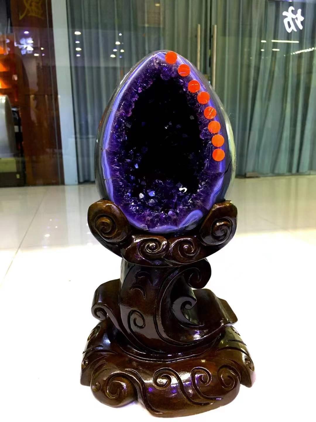 12.1LB Natural amethyst Geode Mineral Quartz dinosaur egg Energy Healing+stand