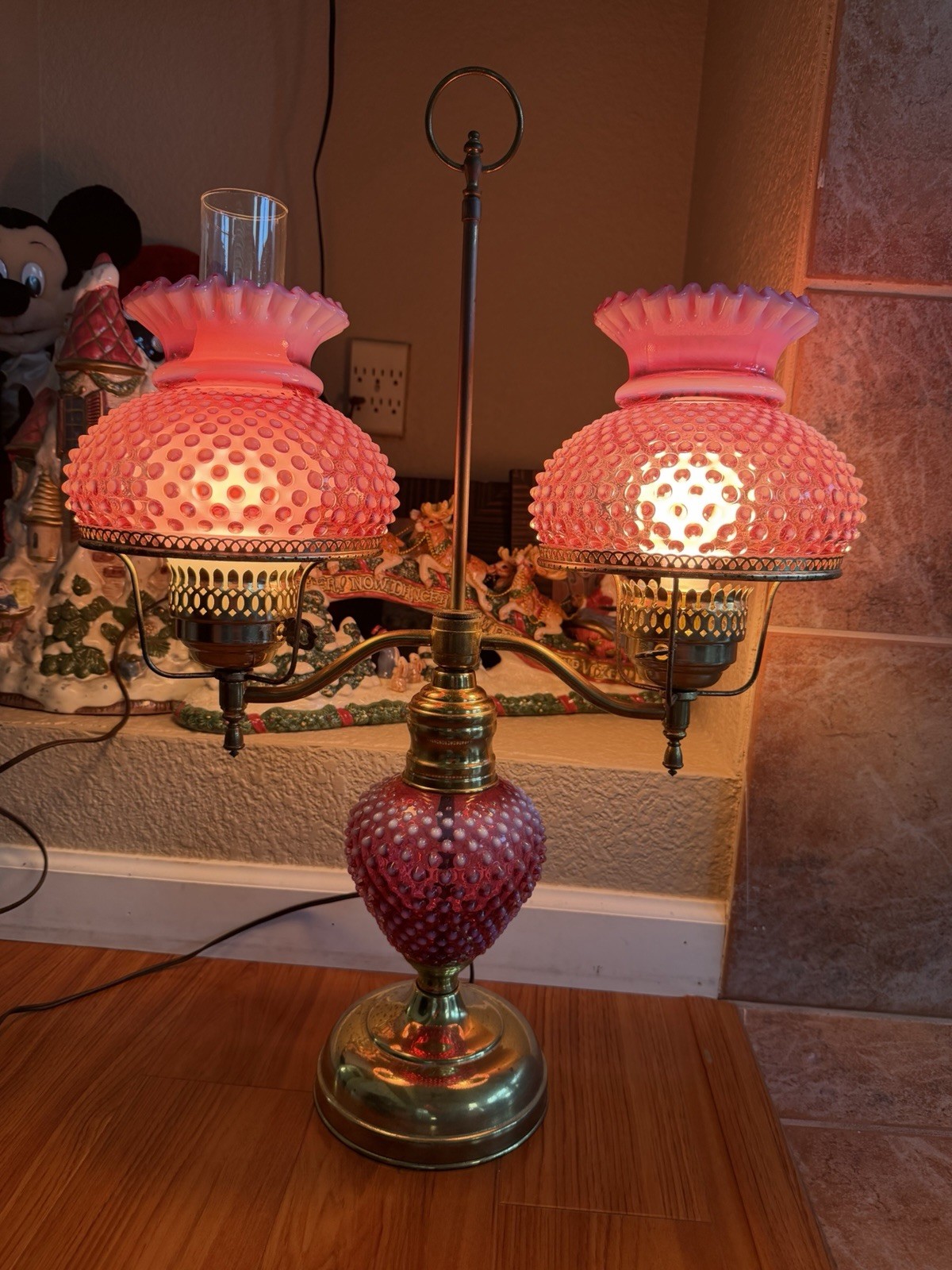 Vintage Cranberry Opalescent Hobnail Double Student Desk Lamp Brass Fenton Style