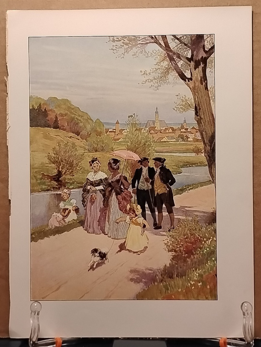 1911 - AN AFTERNOON PROMENADE - Antique German Book Print Lithograph