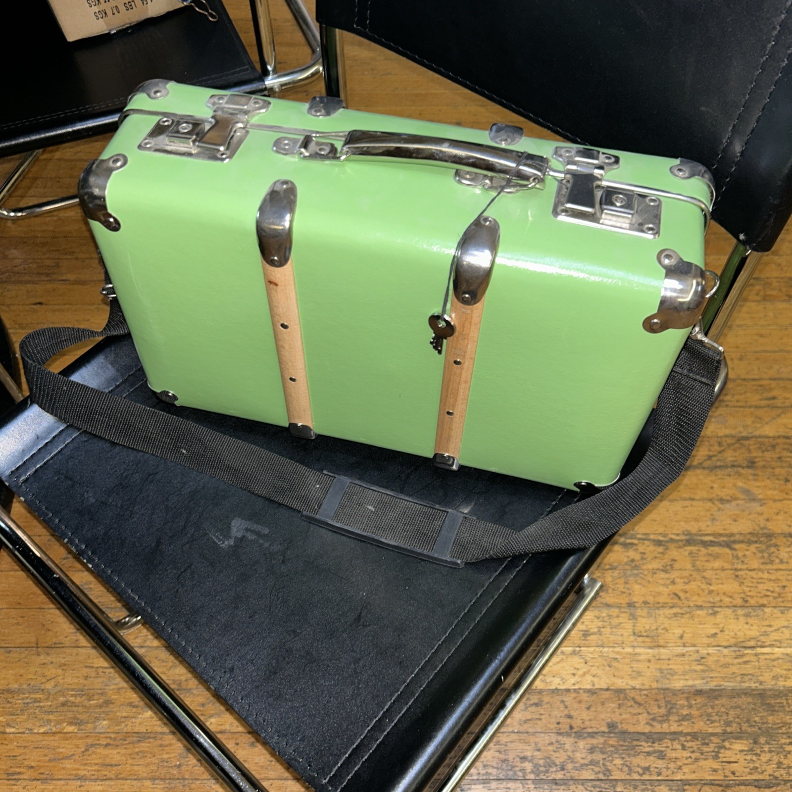 Retro Cardboard case with wooden strips suitcase Shoulder Strap. Keys