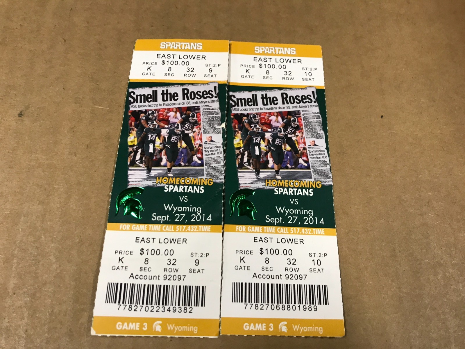 Lot Of 2 Michigan State Vs. Wyoming Game Ticket Stubs - September 27, 2014