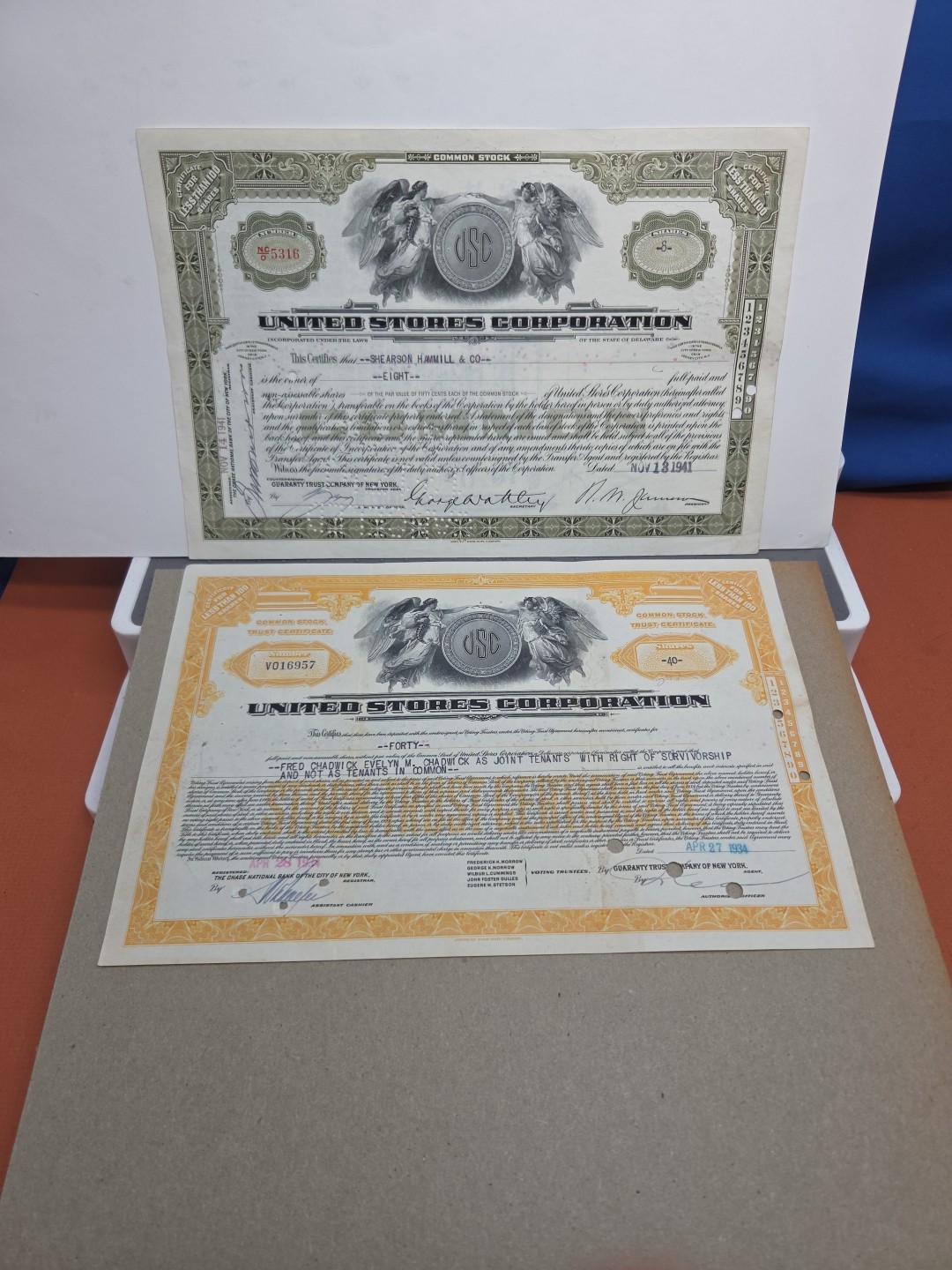 United Stores Corporation 2 Stock Certificates Signed USA 1934 1941 