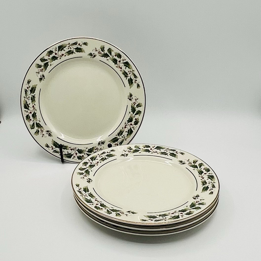 4 Holly Berries Christmas Holiday Salad Plates Potter & Smith Ivory Gold Trim