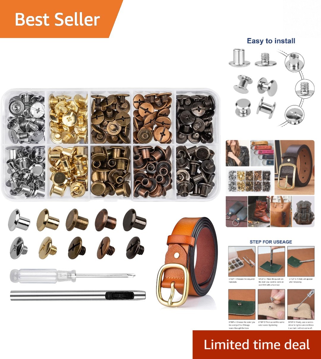 Chicago Screws & Rivets Kit: 100 Sets in 5 Colors for Leather DIY Enthusiasts