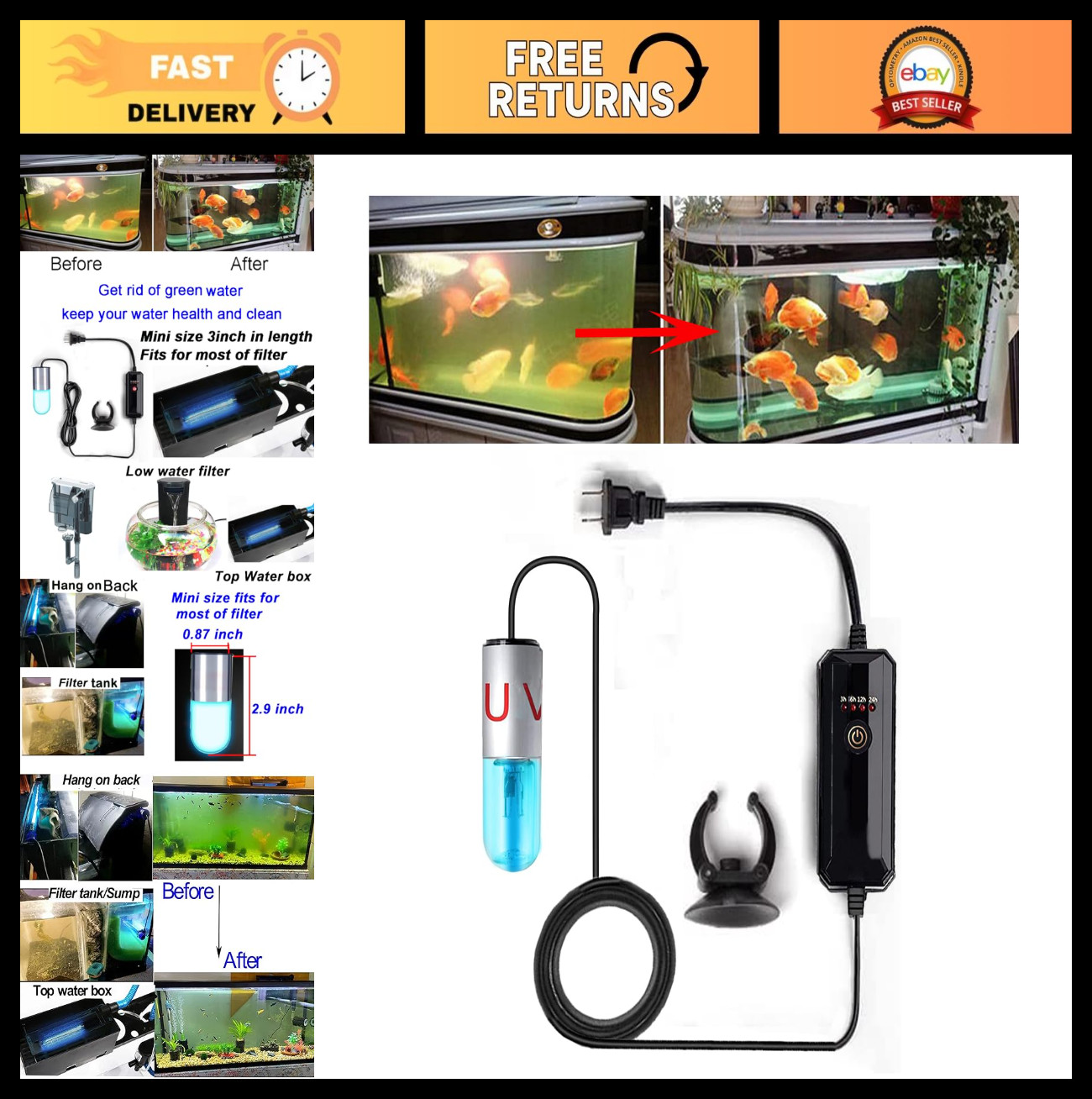 UVC Aquarium Clean Light - Algae Remover for Fish Tank & Pond Filter (3W Timer)