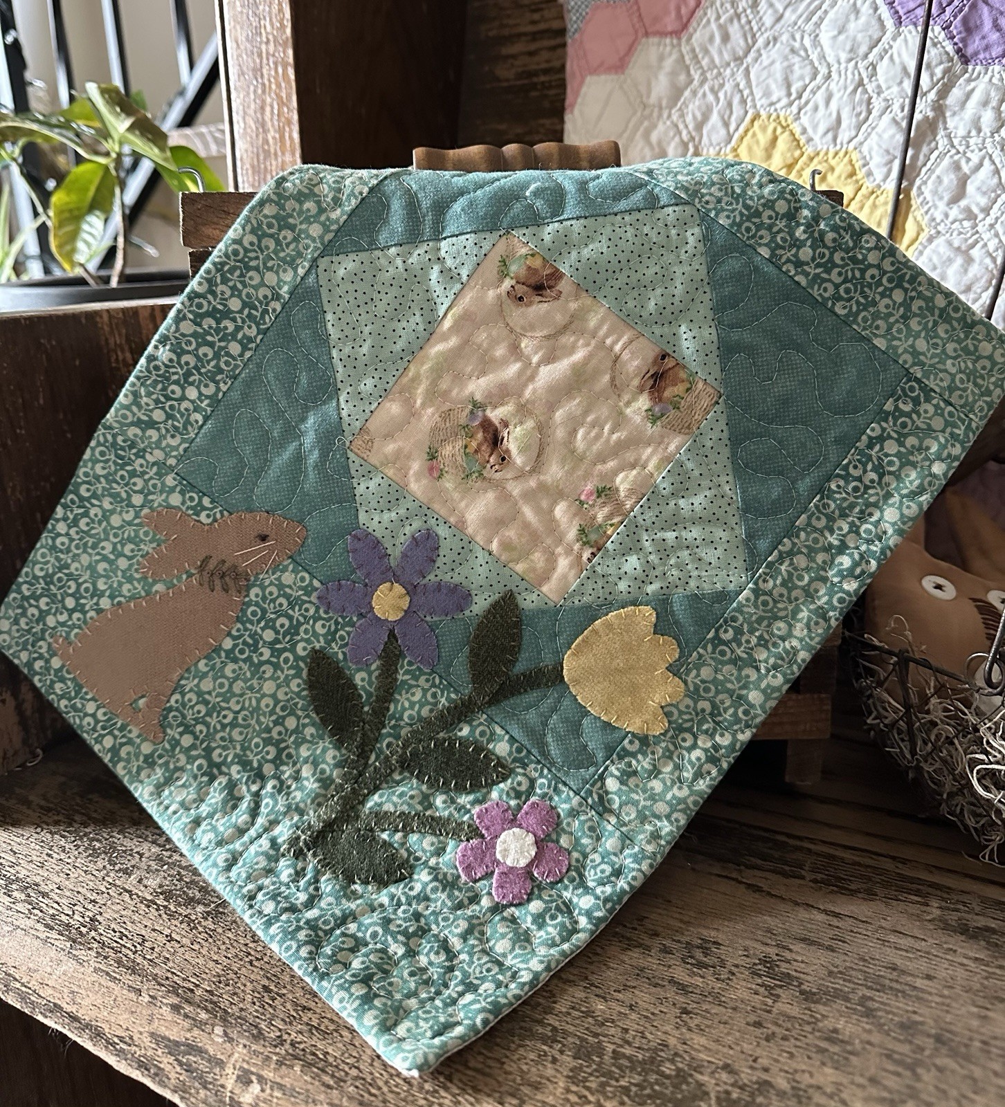 Handmade Quilted Easter Wall Hanging - Wool  Applique Bunny & Flowers