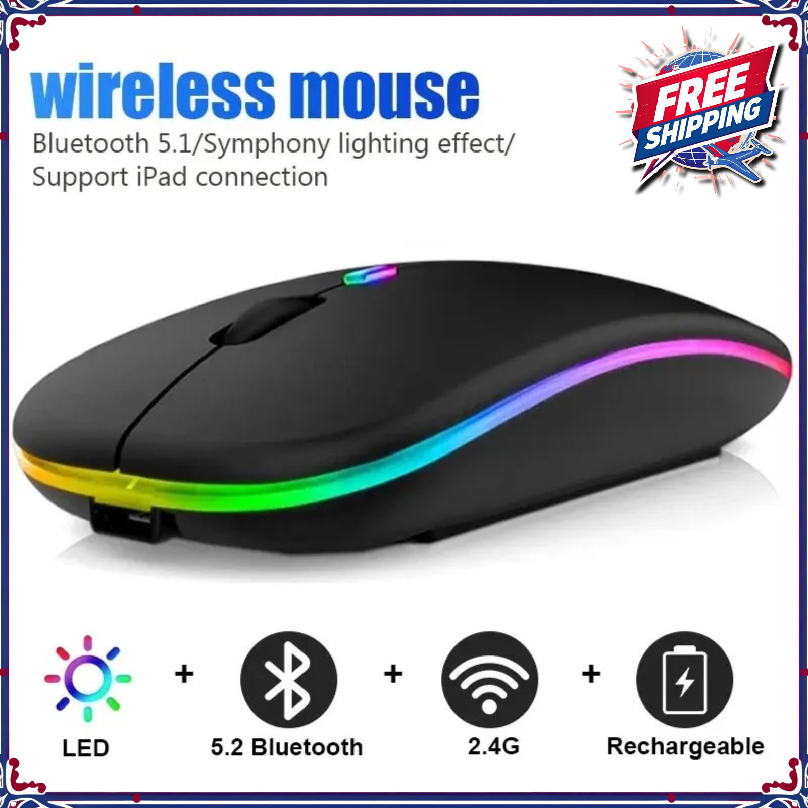 Rechargeable Optical RGB LED Wireless Mouse Silent USB Laptop Desktop 3600 DPI