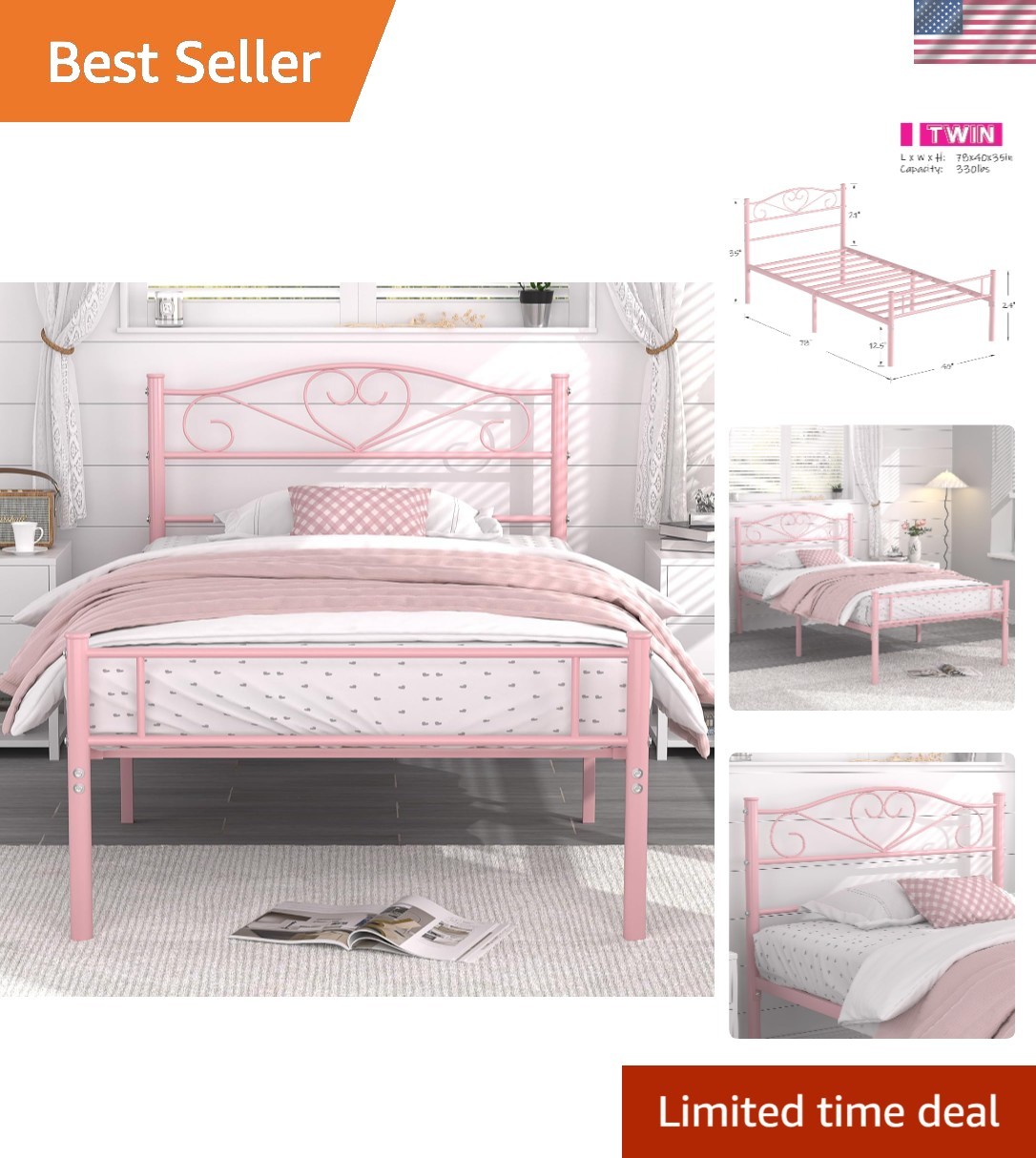 14 Inch Twin Size Metal Platform Bed Frame with Headboard and Footboard, Heav...