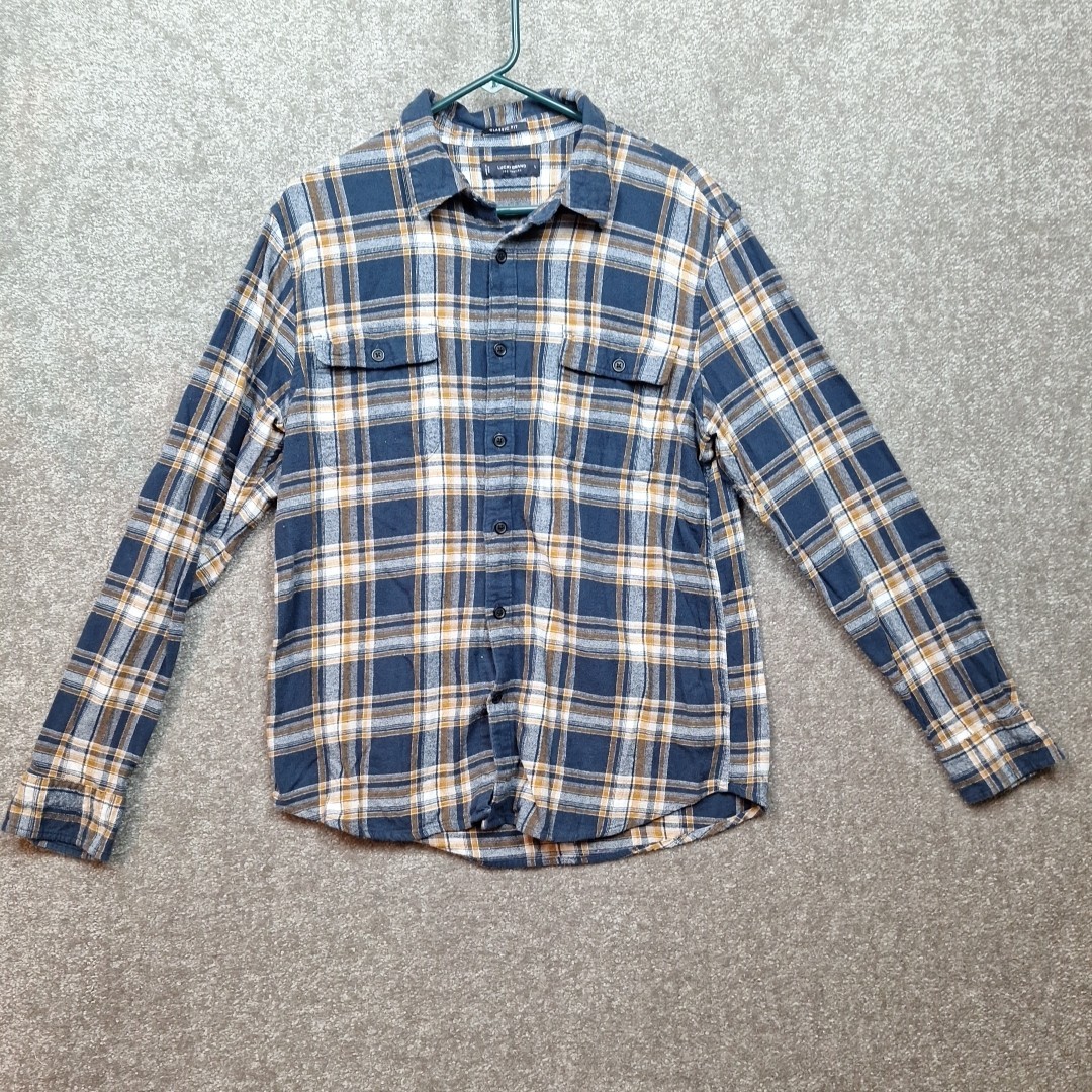 Lucky Brand Shirt Mens Large Blue Tan Plaid Flannel Button Front Casual