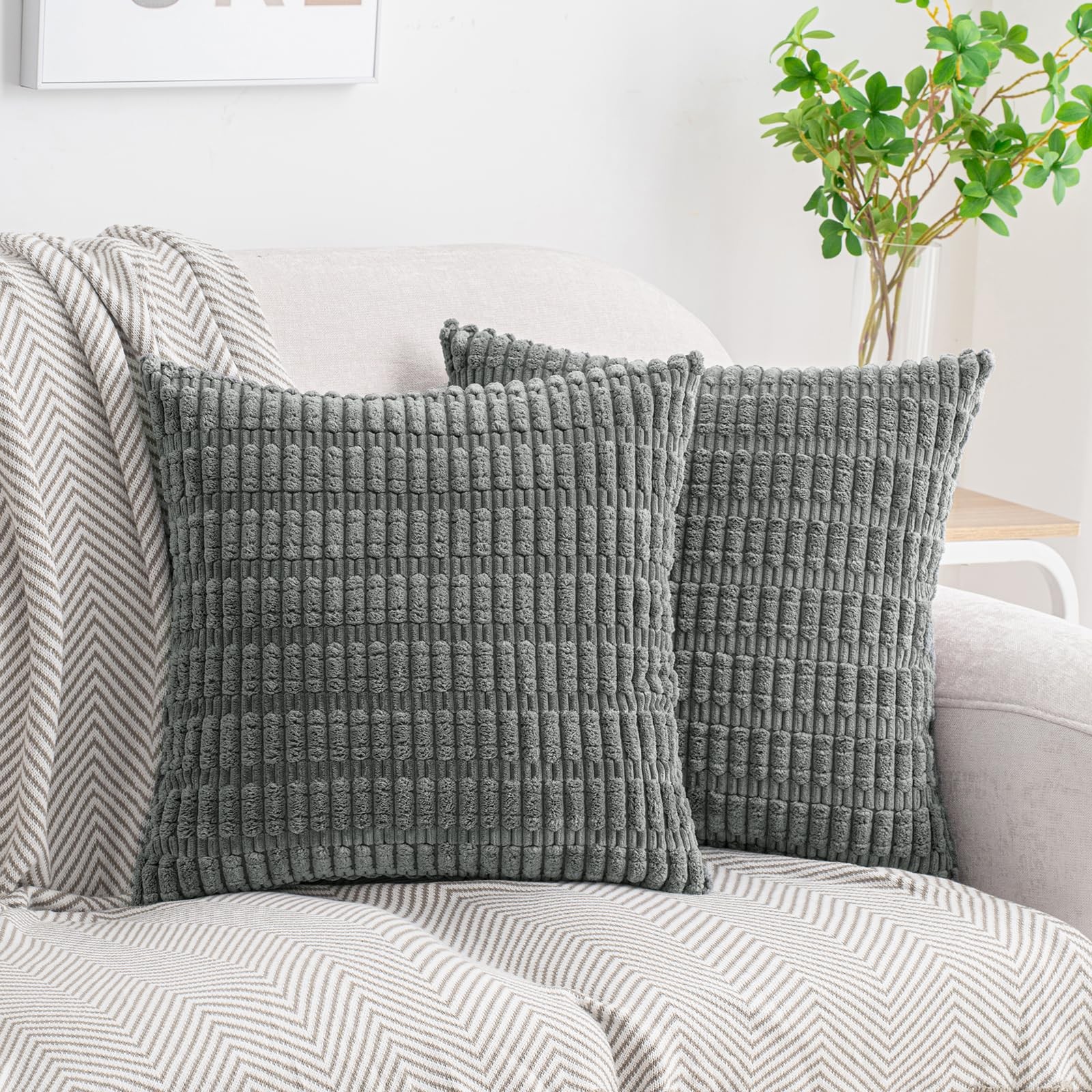 Dark Gray Grey Corduroy Decorative Throw Pillow Covers 20x20 Inch, Pack of 2,...