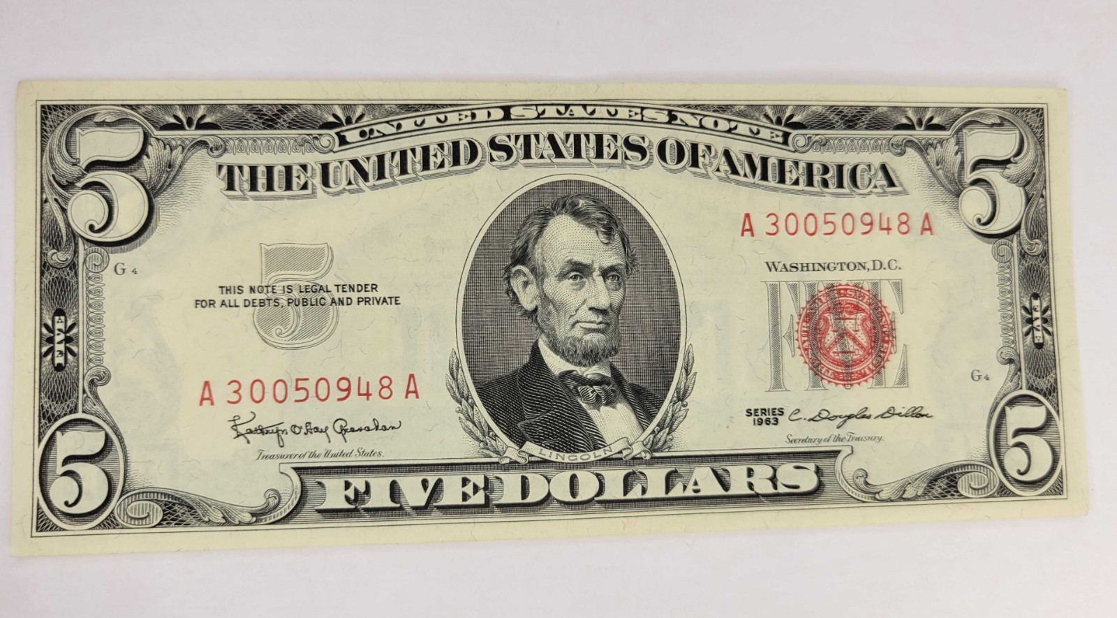 1963 $5 Red Seal United States Note Legal Tender - Crisp AU