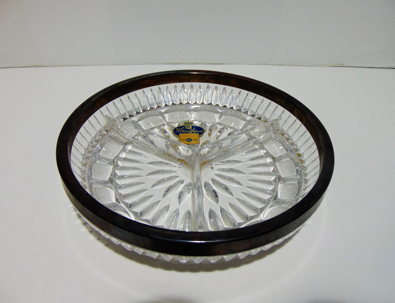 William Adams 3 Part Divided Relish Tray 24% Lead Crystal Silverplate Rim (A)