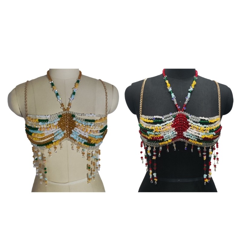 Exotic Colorful Beads Body Chain Bra for Women Rave Halter Crop Top Body Jewelry