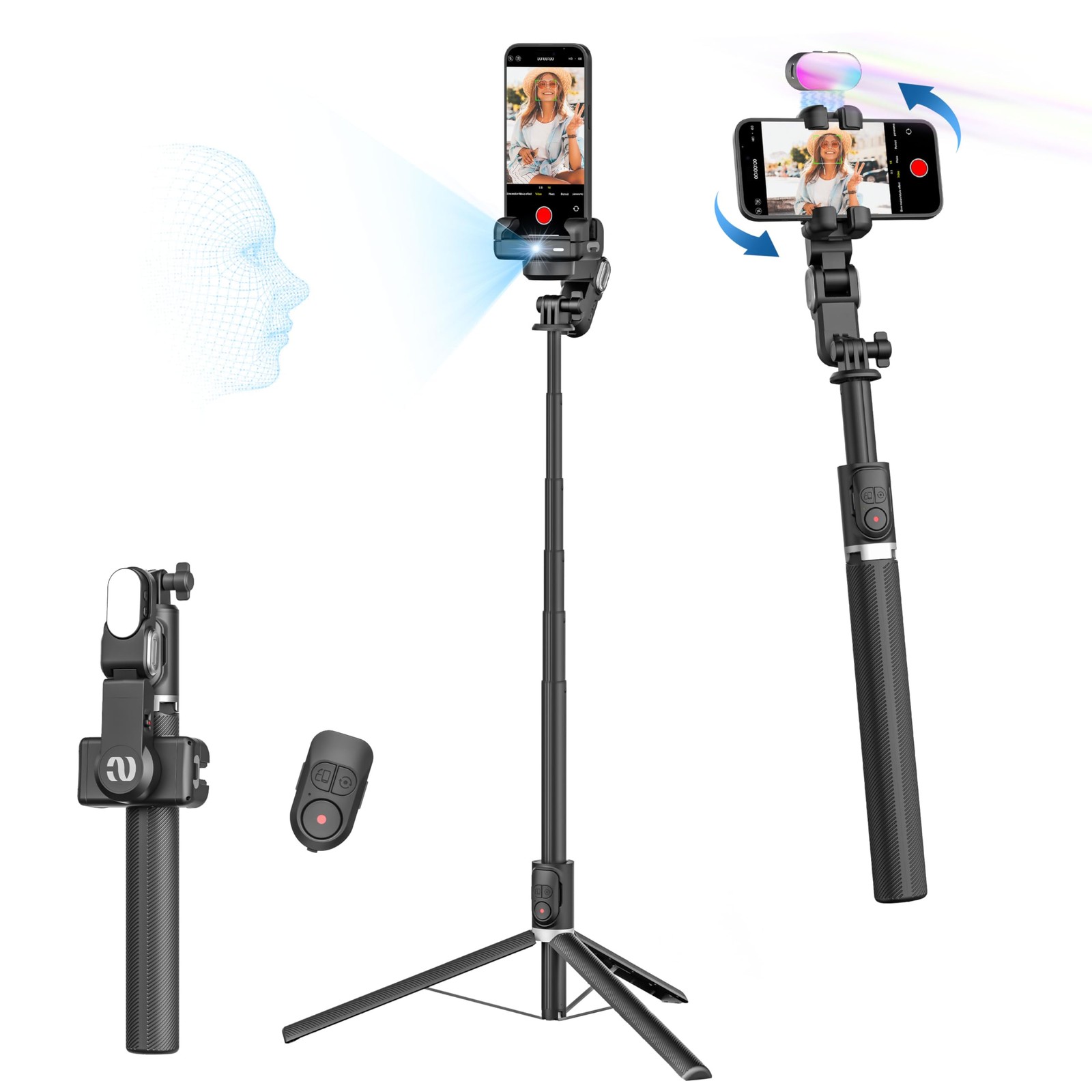 Auto Face Tracking Tripod 360 Rotation w/RGB Light,Single-axis Phone Gimbal f...