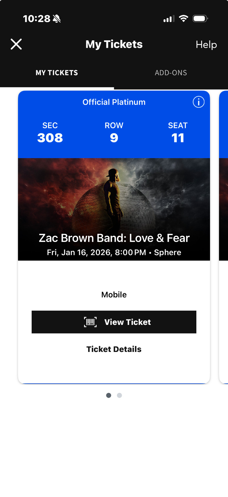Zac Brown Band Sphere Tickets 1/16/2026 Sec 308 Las Vegas