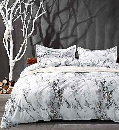  Bedding Duvet Cover Set White and Black Printed 3 Piece - 1000 -TC King Marble