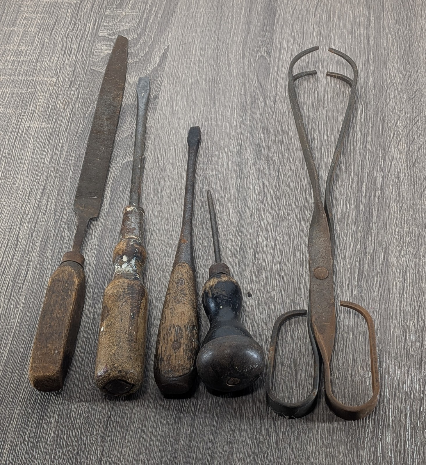 Antique Rustic Hand Tools Lot Wood Handle File Screwdrivers Awl Tongs