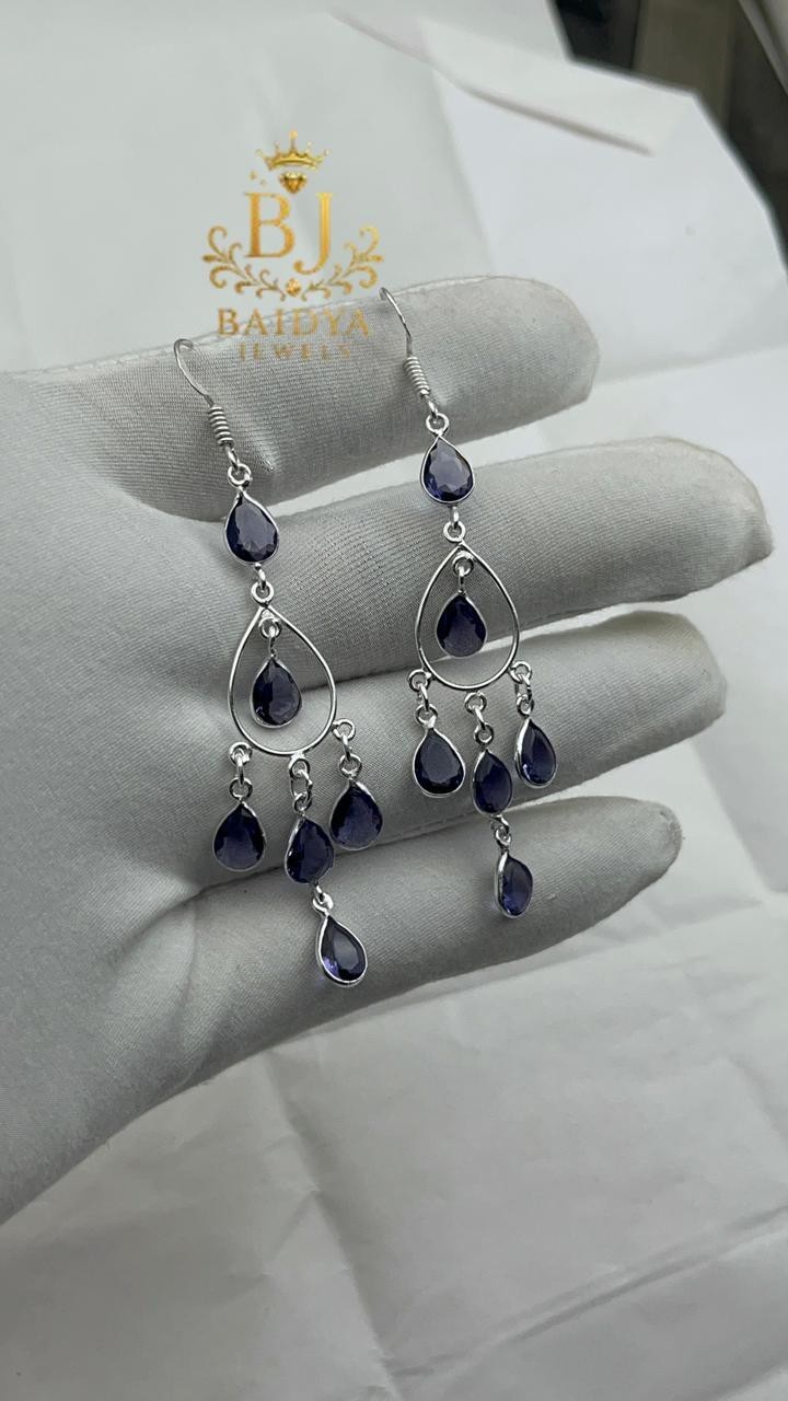 925 Silver Plated Purple Amethyst Teardrop Chandelier Earrings Boho Dangle